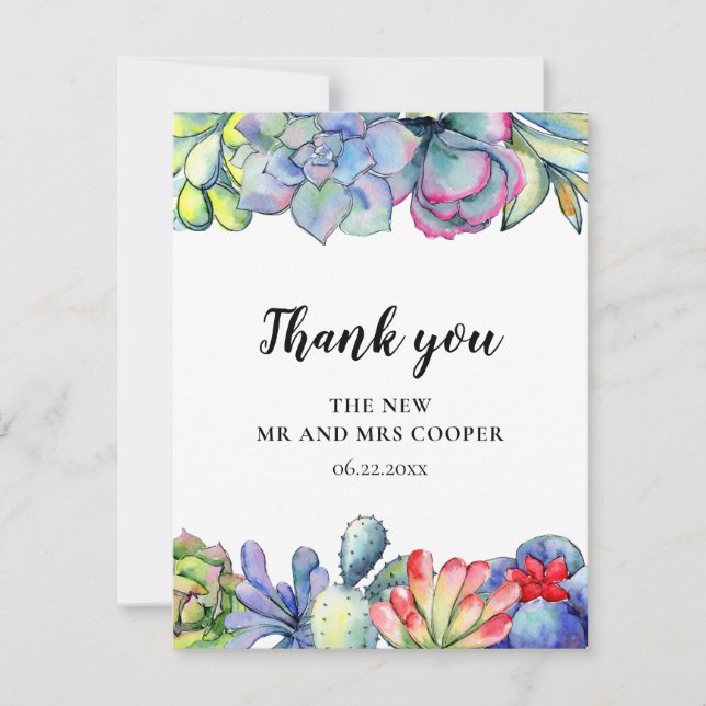 Succulent cactus watercolor wedding thank you card (Front)