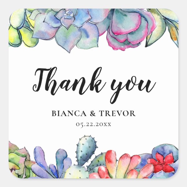 Succulent cactus watercolor wedding thank you square sticker (Front)