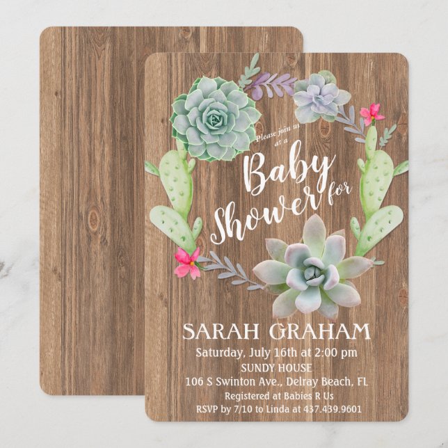 Succulent Cactus Wreath Baby Shower Invitation (Front/Back)