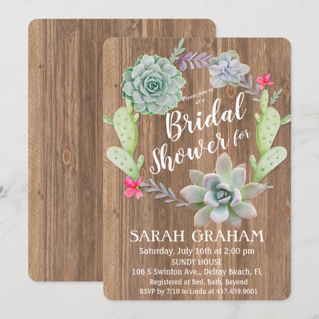 Succulent Cactus Wreath Bridal Shower Invitation (Front/Back)