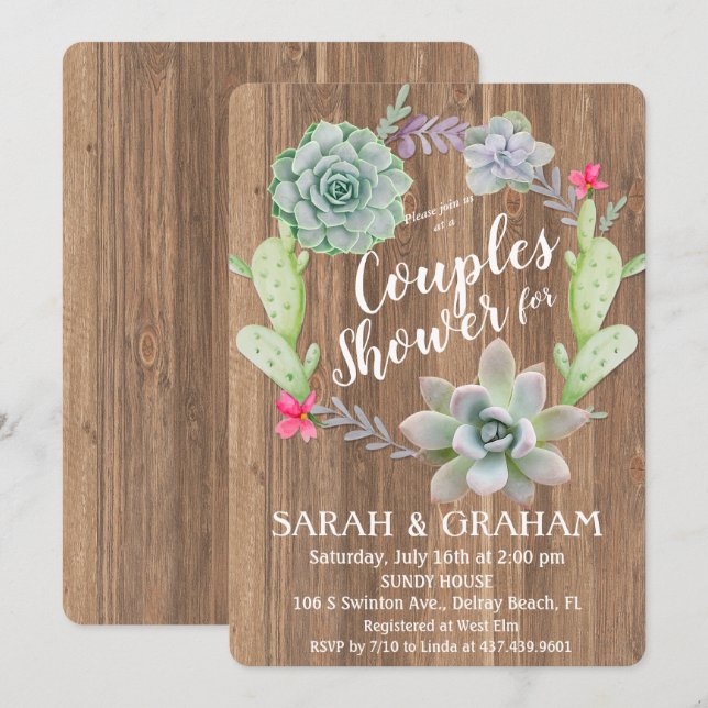 Succulent Cactus Wreath Couples Shower Invitation (Front/Back)