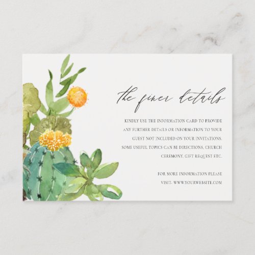 Succulent Cactus Yellow Foliage Wedding Details Enclosure Card