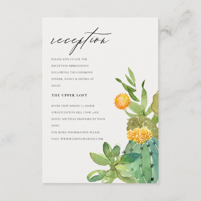 Succulent Cactus Yellow Foliage Wedding Reception Enclosure Card (Front)