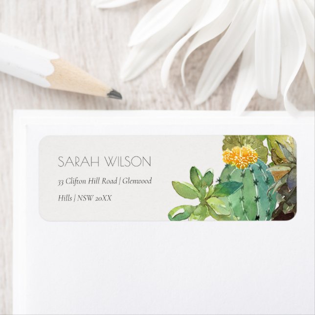 Succulent Cactus Yellow Green Foliage Wedding Label (Insitu)