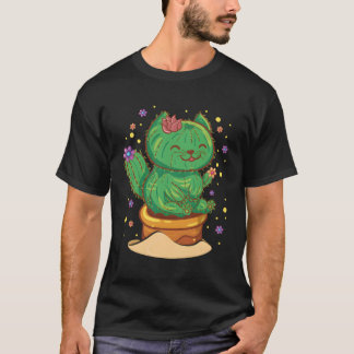Succulent Cat Sitting In Flower Cactus Pot Flowers T-Shirt