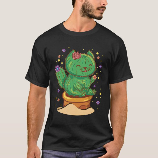 Succulent Cat Sitting In Flower Cactus Pot Flowers T-Shirt (Front)