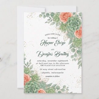 Succulent Coral Wedding Invitation Elegant