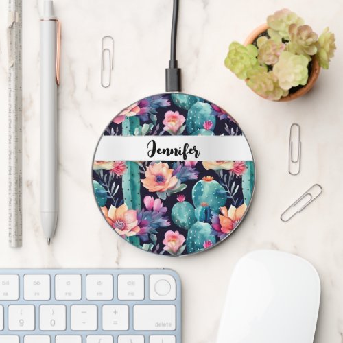 Succulent desert cactus  plant girls name pattern wireless charger 