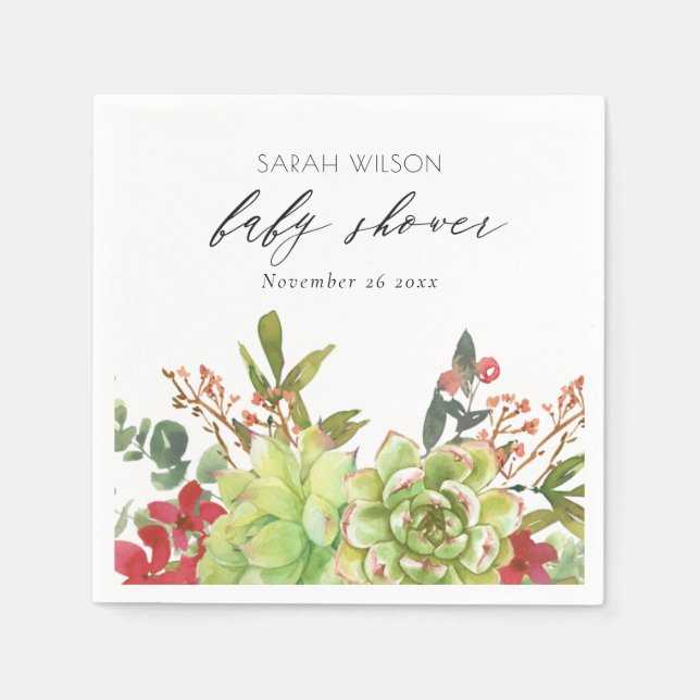Succulent Desert Cactus Red Floral Baby Shower Napkins (Front)