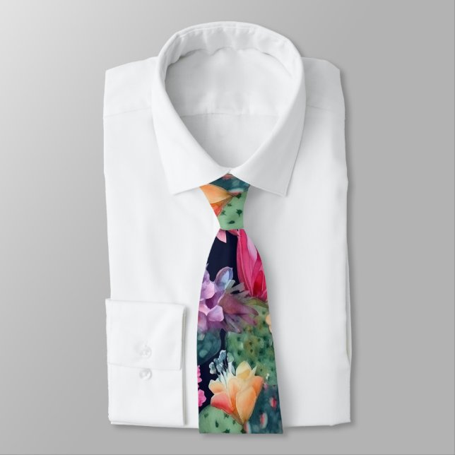 Succulent desert floral flowers cactus plant groom neck tie (Tied)