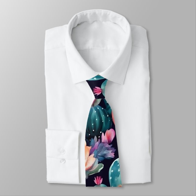 Succulent desert watercolor floral flower pattern neck tie (Tied)