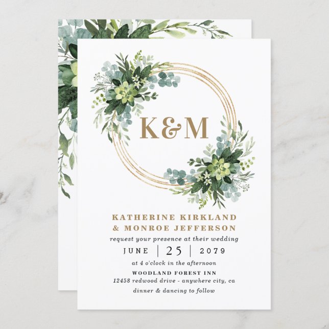 Succulent Eucalyptus Elegant Boho Greenery Wedding Invitation (Front/Back)