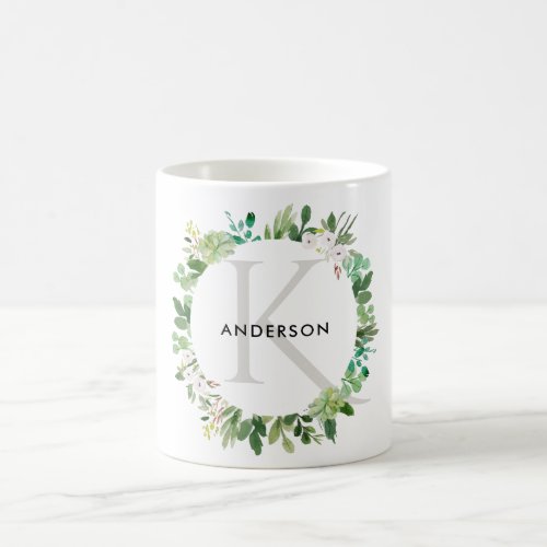 SUCCULENT EUCALYPTUS FOLIAGE WATERCOLOR MONOGRAM COFFEE MUG