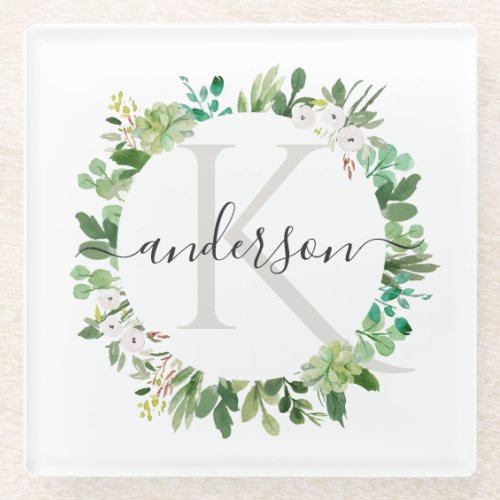 SUCCULENT EUCALYPTUS FOLIAGE WATERCOLOR MONOGRAM GLASS COASTER