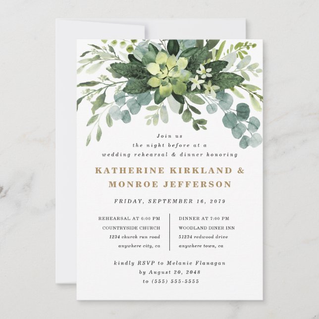 Succulent Eucalyptus Greenery Rehearsal Dinner Invitation (Front)