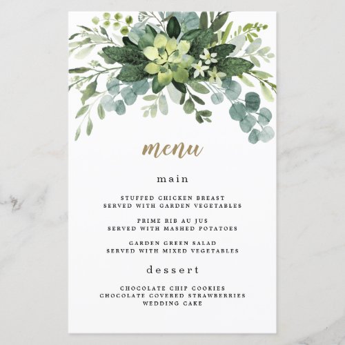 Succulent Eucalyptus Greenery Wedding Menu Cards