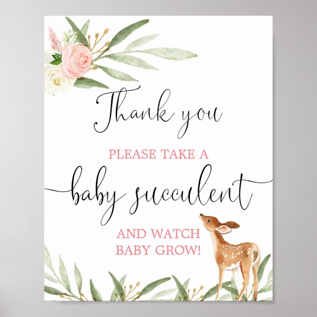 Succulent favors sign pink gold deer baby shower (Front)