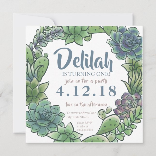 Succulent First Birthday Invitation Card (Front)