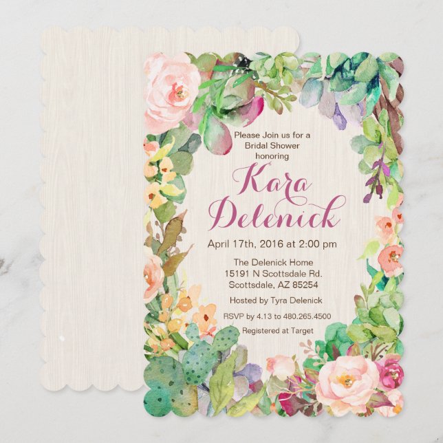 Succulent Floral Cactus Bridal Shower Invitation (Front/Back)