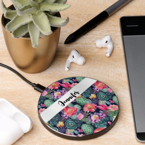 Succulent floral cactus watercolor desert plant wireless charger 