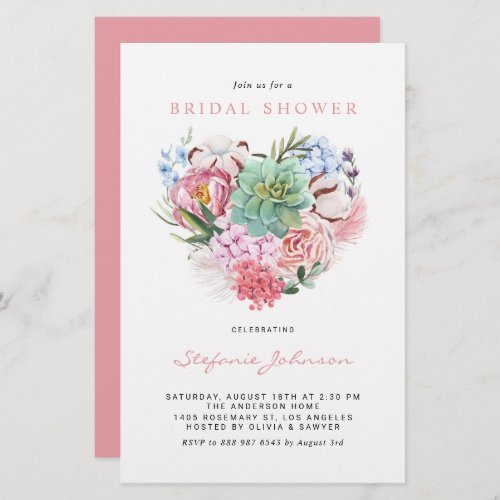 Succulent Floral Heart Bridal Shower Invitation