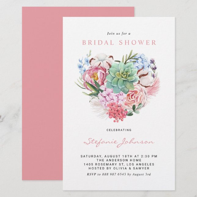 Succulent Floral Heart Bridal Shower Invitation (Front/Back)