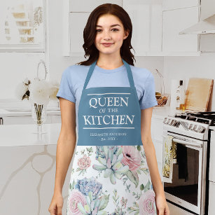 Succulent Floral Queen of the Kitchen Name Apron