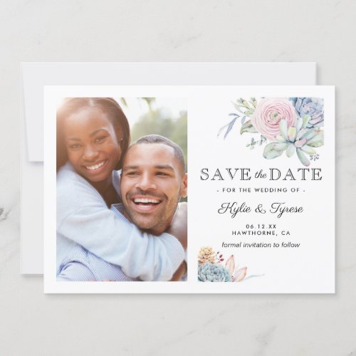 Succulent Floral Save the Date Photo - Elegant save the date cards featuring featuring a classic white background, a photo of the future mr. and mrs., a watercolor display of pastel flowers & succulents, and a stylish wedding save the date template that is easy to personalize. You will find matching items further down the page, if however you can't find what you looking for please contact me.