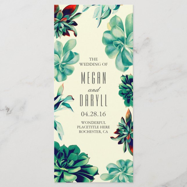Succulent Floral Teal Wedding Programs (Front)
