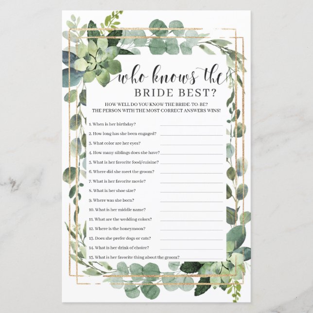 Succulent floral who knows the bride best game (Front)