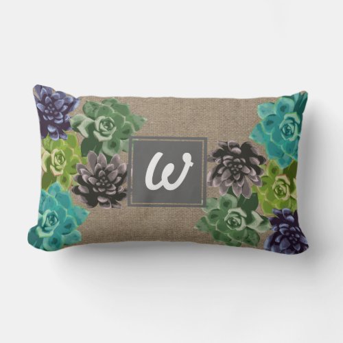 Succulent Flowers Burlap _ Personalized Lumbar Pillow