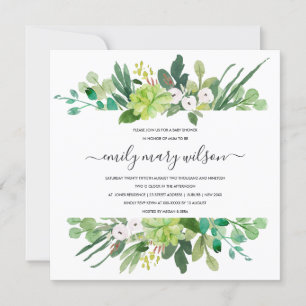 SUCCULENT FOLIAGE FRAME WATERCOLOR BABY SHOWER INVITATION