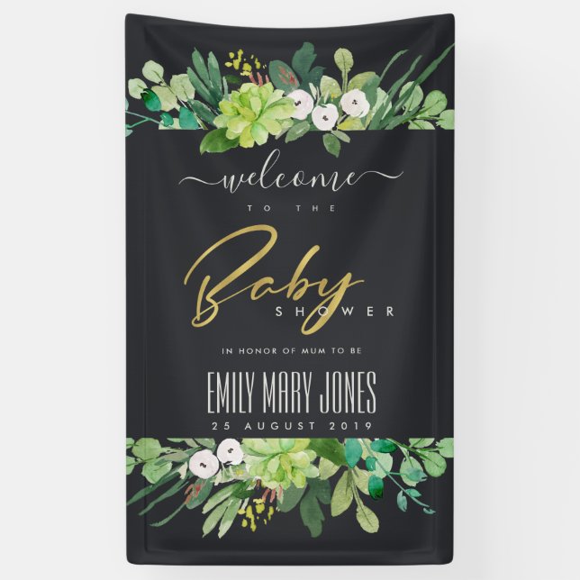 SUCCULENT FOLIAGE WATERCOLOR BABY SHOWER WELCOME BANNER (Vertical)
