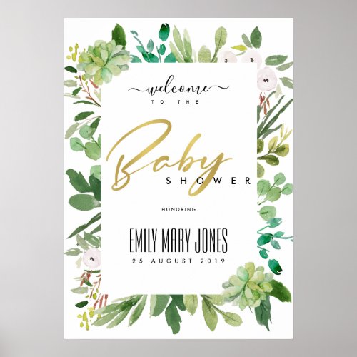 SUCCULENT FOLIAGE WATERCOLOR BABY SHOWER WELCOME POSTER