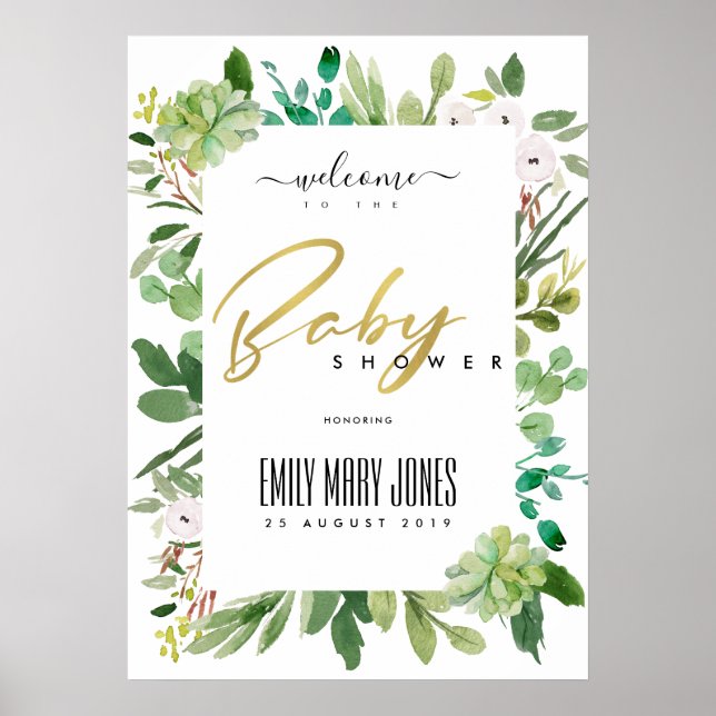 SUCCULENT FOLIAGE WATERCOLOR BABY SHOWER WELCOME POSTER (Front)
