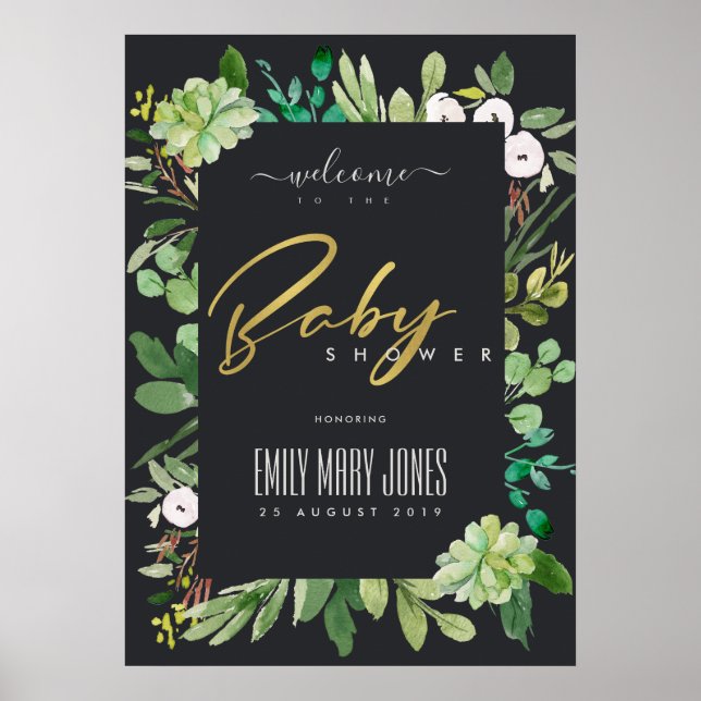 SUCCULENT FOLIAGE WATERCOLOR BABY SHOWER WELCOME POSTER (Front)