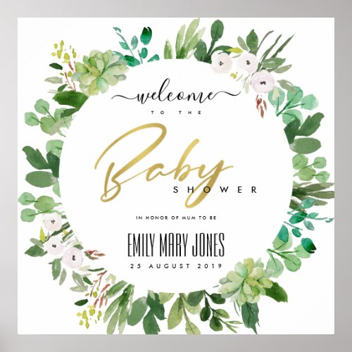 SUCCULENT FOLIAGE WATERCOLOR BABY SHOWER WELCOME POSTER