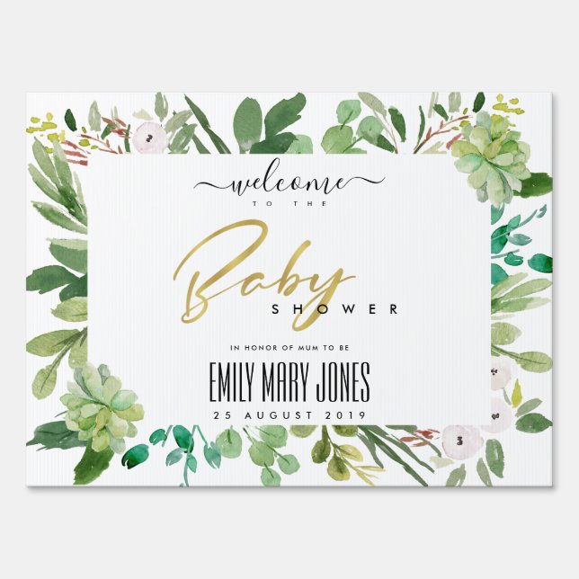 SUCCULENT FOLIAGE WATERCOLOR BABY SHOWER WELCOME SIGN (Front)