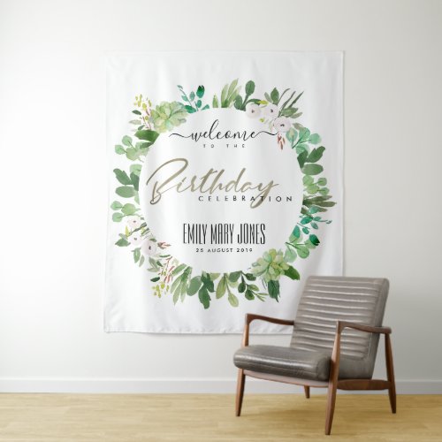 SUCCULENT FOLIAGE WATERCOLOR BIRTHDAY WELCOME TAPESTRY