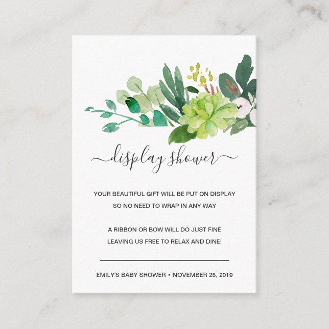 SUCCULENT FOLIAGE WATERCOLOR DISPLAY BABY SHOWER ENCLOSURE CARD (Front)