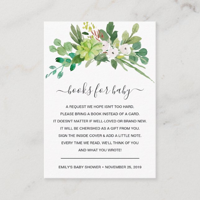 SUCCULENT FOLIAGE WATERCOLOR REQUEST BABY SHOWER ENCLOSURE CARD (Front)
