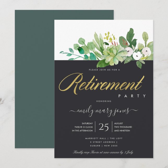 SUCCULENT FOLIAGE WATERCOLOR WREATH RETIREMENT INVITATION (Front/Back)