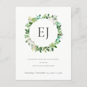 SUCCULENT FOLIAGE WREATH MONOGRAM COUPLES SHOWER INVITATION POSTCARD