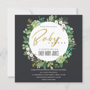 SUCCULENT FOLIAGE WREATH WATERCOLOR BABY SHOWER INVITATION