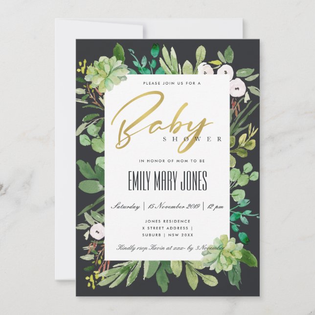 SUCCULENT FOLIAGE WREATH WATERCOLOR BABY SHOWER INVITATION (Front)