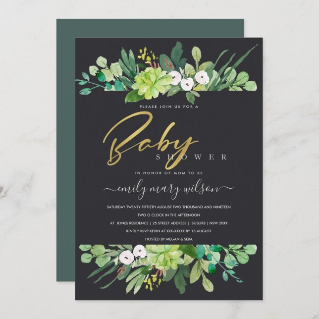 SUCCULENT FOLIAGE WREATH WATERCOLOR BABY SHOWER INVITATION (Front/Back)