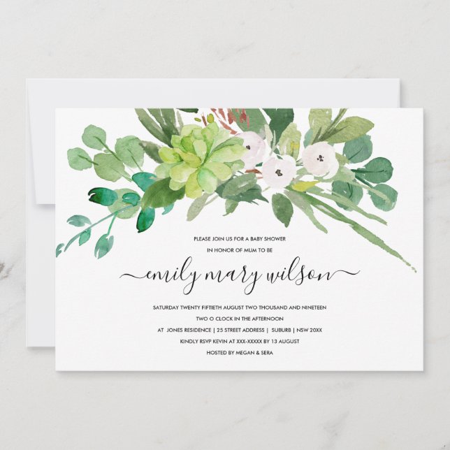 SUCCULENT FOLIAGE WREATH WATERCOLOR BABY SHOWER INVITATION (Front)