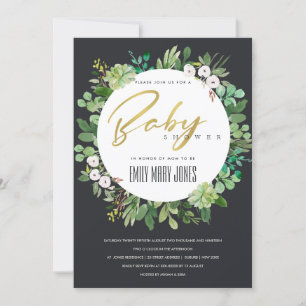 SUCCULENT FOLIAGE WREATH WATERCOLOR BABY SHOWER INVITATION