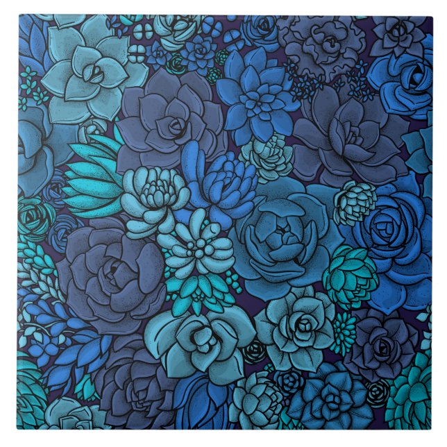 Succulent garden in blue ceramic tile (Front)