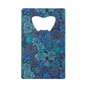 Succulent garden in blue credit card bottle opener